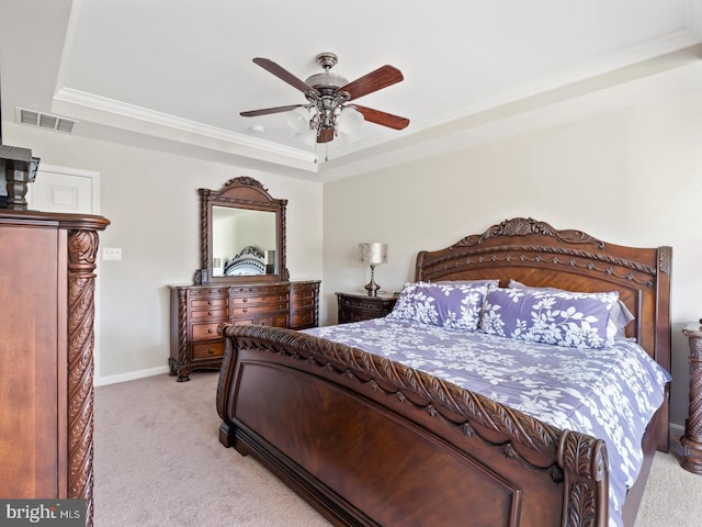 24847 Mason Dale Ter, Chantilly, VA 20152 - bedroom featuring light carpet, a tray ceiling, ornamental molding, and a ceiling fan