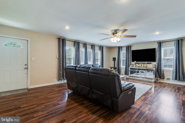 104 W Hawthorne Dr, La Plata, MD 20646 - living room with ceiling fan, plenty of natural light, dark wood-style flooring, and recessed lighting