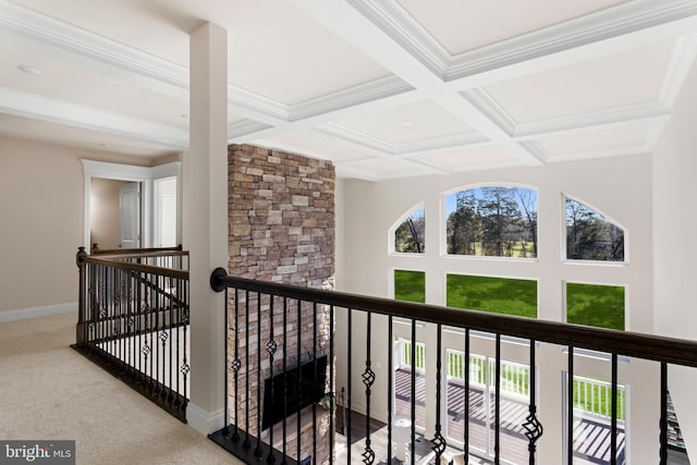121 Lillian Ct, Fredericksburg, VA 22406 - hallway featuring coffered ceiling, carpet, beamed ceiling, an upstairs landing, and crown molding