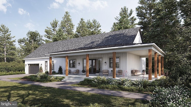 0 William And Mary Ln, Stafford, VA 22554 - modern farmhouse with covered porch, a garage, driveway, and a shingled roof