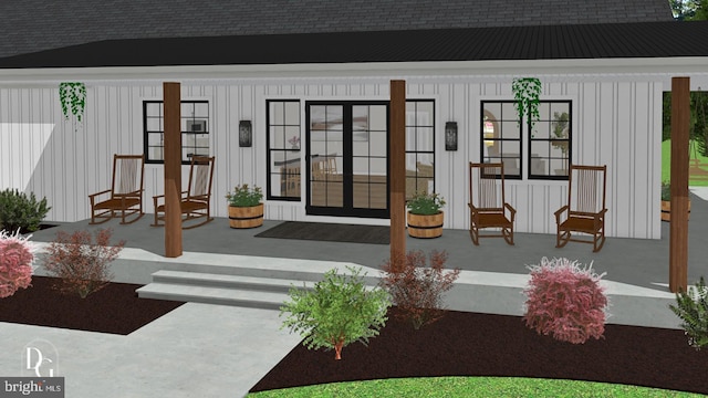 0 William And Mary Ln, Stafford, VA 22554 - doorway to property with board and batten siding, a shingled roof, and french doors