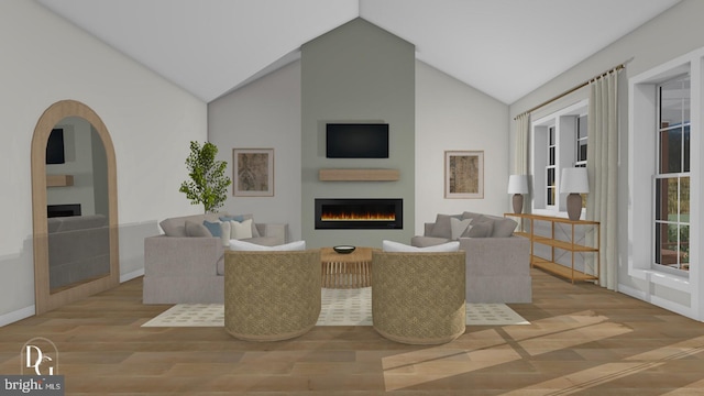 0 William And Mary Ln, Stafford, VA 22554 - living area featuring a glass covered fireplace, vaulted ceiling, wood finished floors, and arched walkways
