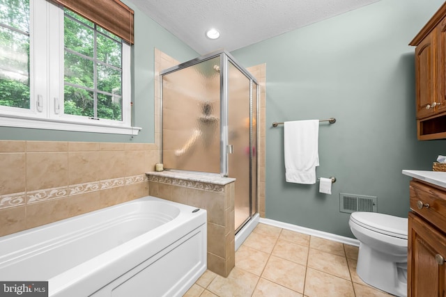 5 Fisher Ct, Sewell, NJ 08080 - bathroom with a garden tub, vanity, a stall shower, tile patterned floors, and a textured ceiling