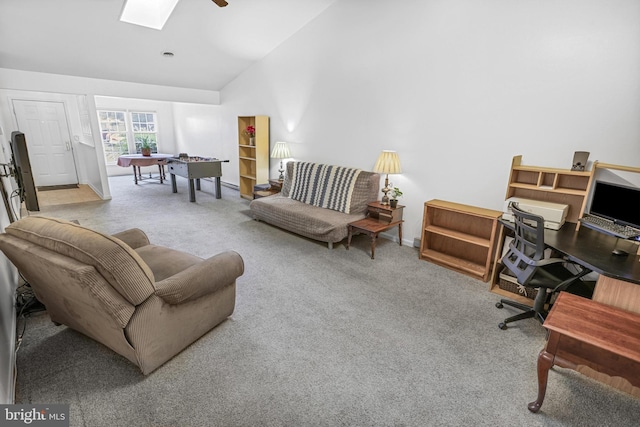 28 Abbey Ct, Carlisle, PA 17015 - carpeted living area with a desk, a skylight, a ceiling fan, and high vaulted ceiling