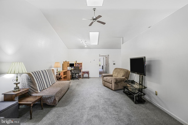 28 Abbey Ct, Carlisle, PA 17015 - carpeted living room with a skylight, ceiling fan, and high vaulted ceiling