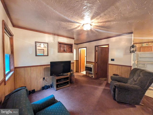 475 Company Farm Rd, Aspers, PA 17304 - carpeted living room with wainscoting, heating unit, wood walls, and a textured ceiling