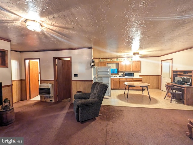475 Company Farm Rd, Aspers, PA 17304 - living area with wainscoting, heating unit, wooden walls, light carpet, and crown molding