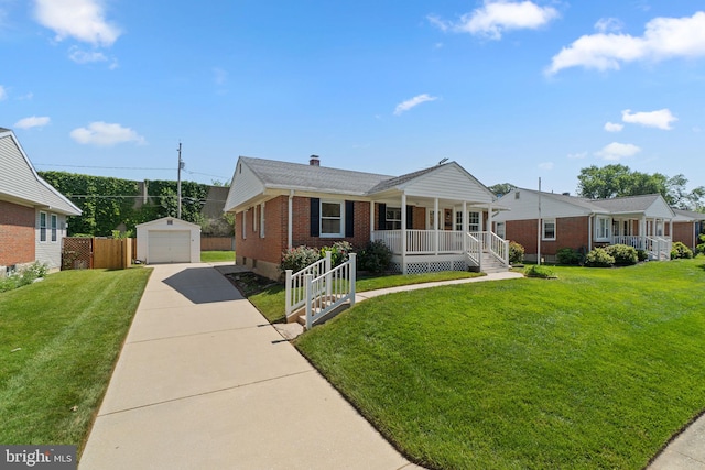 1028 Marleigh Cir, Baltimore, MD 21204 - ranch-style house with covered porch, driveway, brick siding, an outbuilding, and a garage