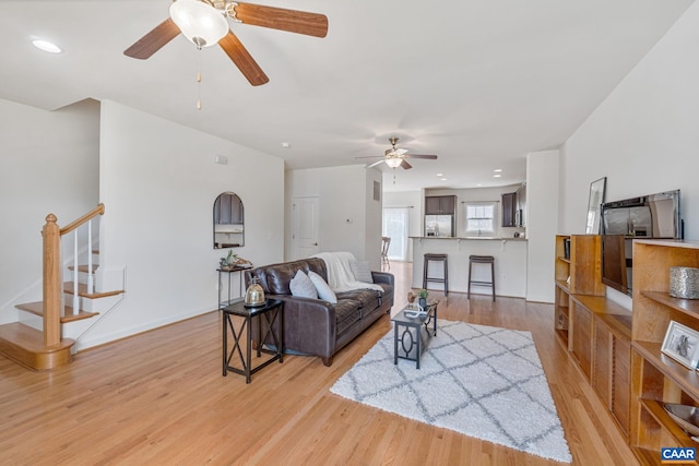 1254 Haden Pl, Crozet, VA 22932 - living room featuring a ceiling fan, stairs, light wood finished floors, and recessed lighting
