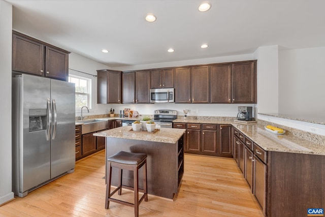 1254 Haden Pl, Crozet, VA 22932 - kitchen with stainless steel appliances, dark brown cabinetry, light stone countertops, light wood finished floors, and recessed lighting