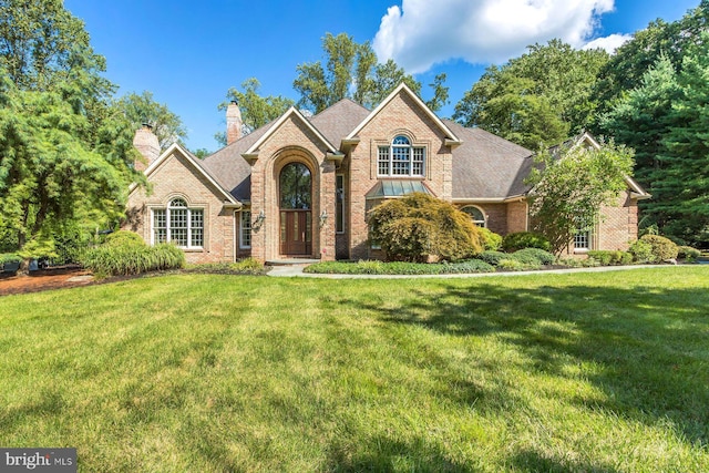 3500 Windy Bush Rd, New Hope, PA 18938 - traditional-style home featuring brick siding, a front lawn, and a chimney