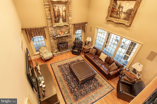 3500 Windy Bush Rd, New Hope, PA 18938 - living area featuring a towering ceiling, a stone fireplace, wood finished floors, and healthy amount of natural light
