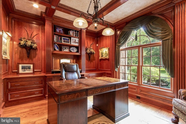 3500 Windy Bush Rd, New Hope, PA 18938 - home office featuring crown molding, coffered ceiling, wooden walls, light wood finished floors, and beam ceiling