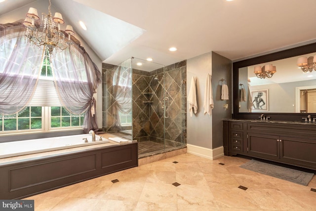 3500 Windy Bush Rd, New Hope, PA 18938 - full bathroom featuring a chandelier, a shower stall, vanity, a bath, and recessed lighting