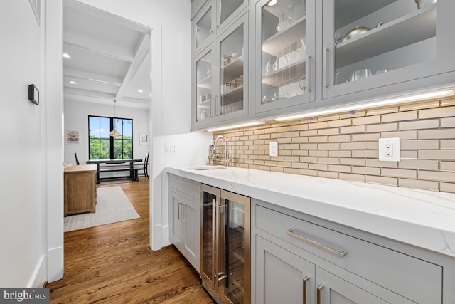 3433 N Edison St, Arlington, VA 22207 - bar with wine cooler, dark wood-style floors, tasteful backsplash, recessed lighting, and beamed ceiling