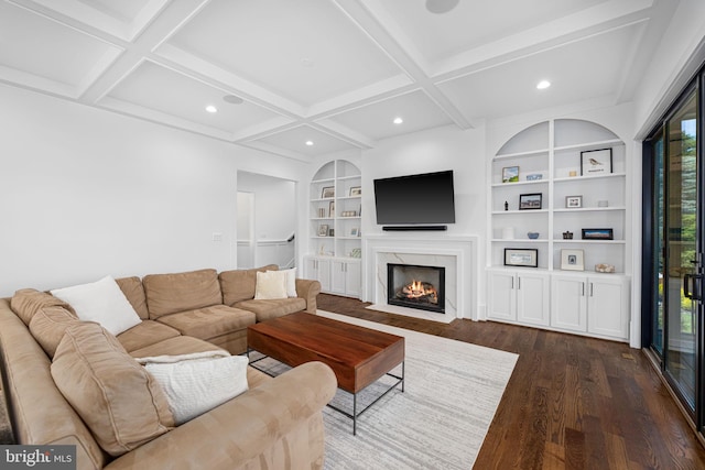 3433 N Edison St, Arlington, VA 22207 - living room featuring dark wood-style floors, built in shelves, coffered ceiling, a high end fireplace, and beam ceiling