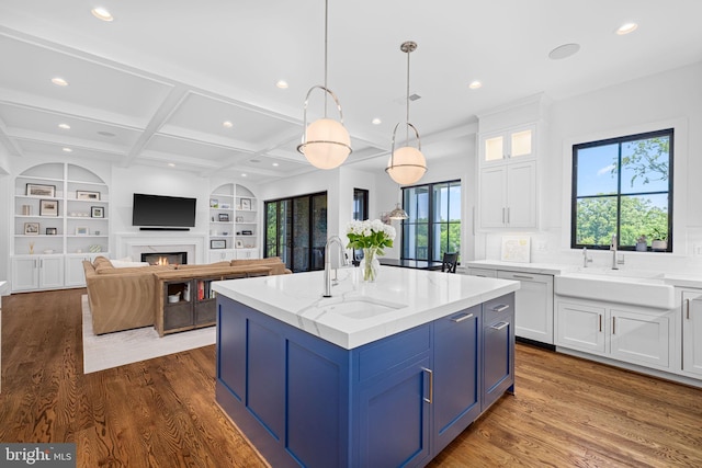 3433 N Edison St, Arlington, VA 22207 - kitchen featuring white cabinets, recessed lighting, an island with sink, dark wood-style flooring, and plenty of natural light