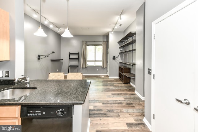 355 I St SW Unit S-102, Washington, DC 20024 - kitchen with dishwasher, rail lighting, wood finished floors, dark stone counters, and a peninsula