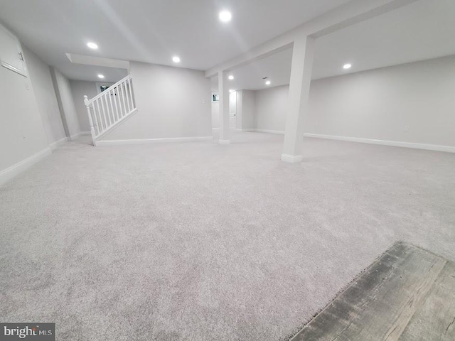 258 Ridge Rd, Browns Mills, NJ 08015 - finished basement with stairway, carpet flooring, and recessed lighting