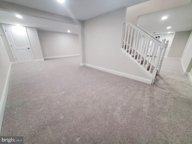 258 Ridge Rd, Browns Mills, NJ 08015 - finished below grade area with carpet flooring, stairs, and recessed lighting