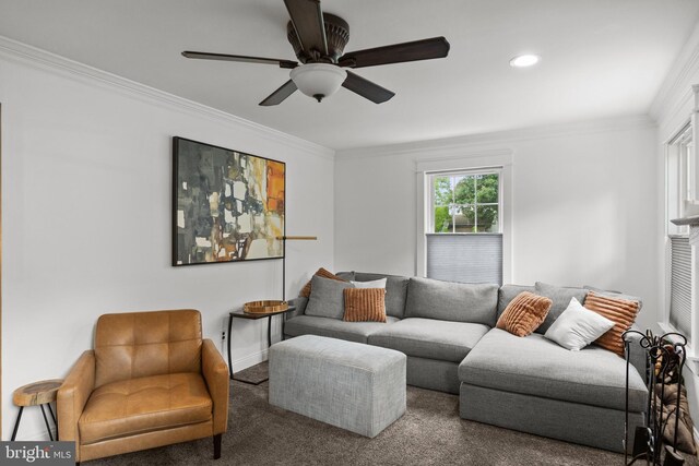 47 Sherwood Ln, Westampton, NJ 08060 - carpeted living room featuring crown molding, a ceiling fan, and recessed lighting