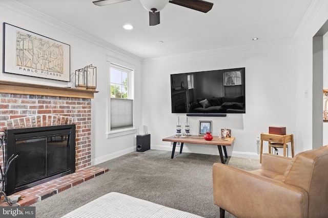 47 Sherwood Ln, Westampton, NJ 08060 - living room with carpet flooring, ornamental molding, ceiling fan, a brick fireplace, and recessed lighting