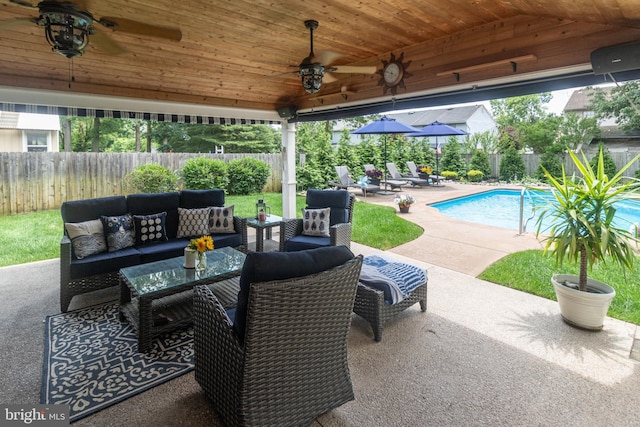 47 Sherwood Ln, Westampton, NJ 08060 - fenced backyard with an outdoor living space, a patio, and ceiling fan