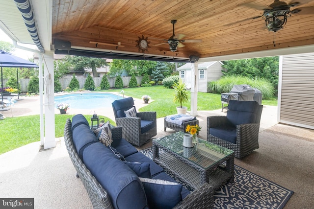 47 Sherwood Ln, Westampton, NJ 08060 - view of patio featuring an outdoor hangout area, a ceiling fan, grilling area, and an outdoor structure