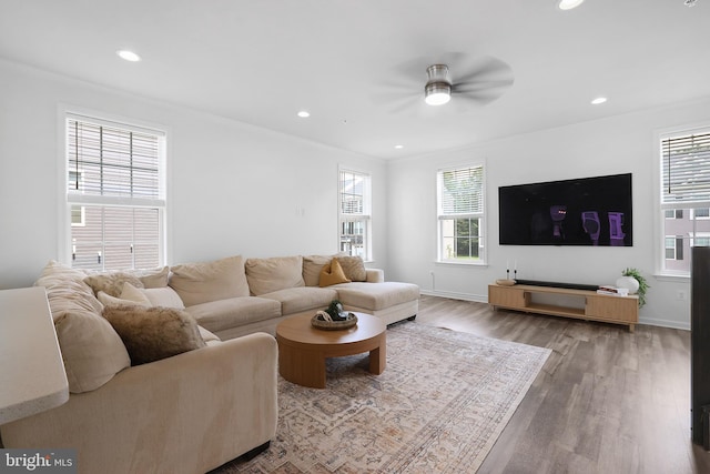 1025 Overlook Way, Laurel, MD 20707 - living area with a ceiling fan, plenty of natural light, wood finished floors, and recessed lighting