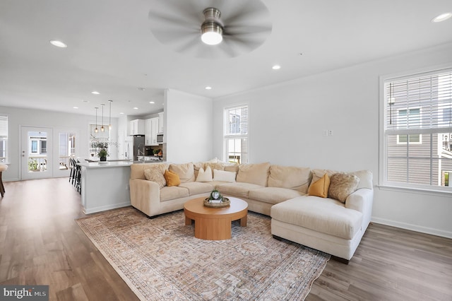 1025 Overlook Way, Laurel, MD 20707 - living room with light wood-style floors, ceiling fan, and recessed lighting