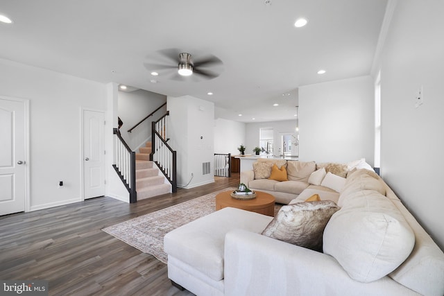 1025 Overlook Way, Laurel, MD 20707 - living room featuring wood finished floors, ceiling fan, stairway, and recessed lighting
