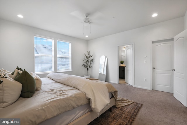1025 Overlook Way, Laurel, MD 20707 - bedroom with light colored carpet, recessed lighting, ensuite bathroom, and ceiling fan