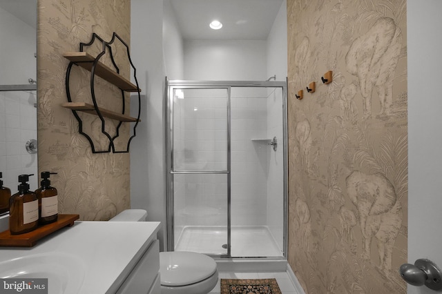 1025 Overlook Way, Laurel, MD 20707 - full bathroom featuring wallpapered walls, a shower stall, and vanity