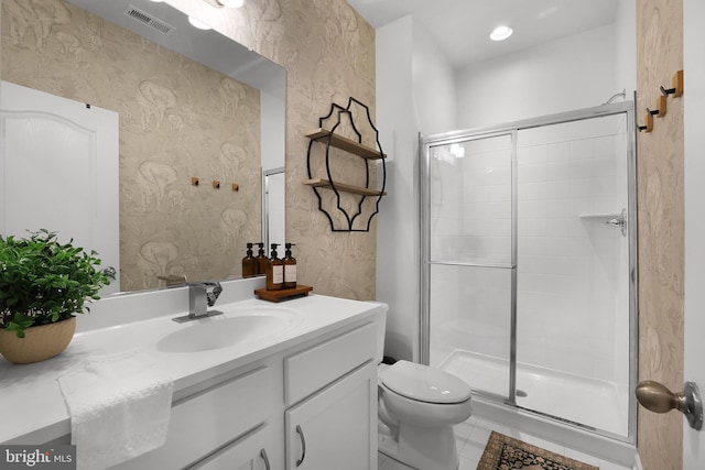 1025 Overlook Way, Laurel, MD 20707 - bathroom with wallpapered walls, vanity, a shower stall, and tile patterned floors