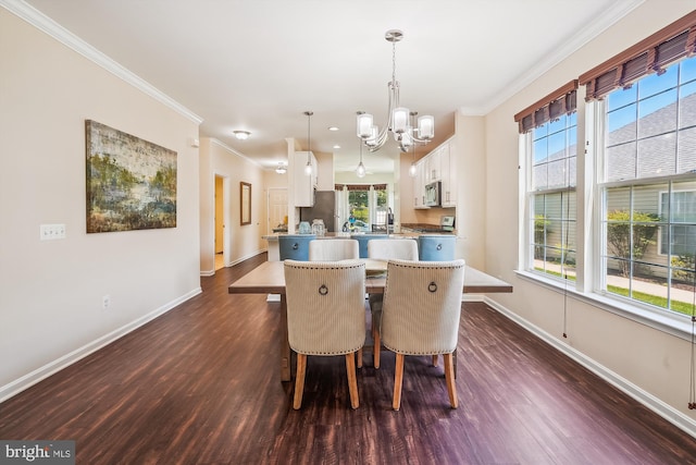 16916 Four Seasons Dr, Dumfries, VA 22025 - dining space featuring a chandelier, ornamental molding, dark wood-type flooring, and recessed lighting