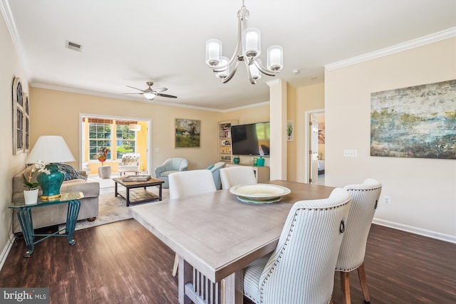 16916 Four Seasons Dr, Dumfries, VA 22025 - dining room with wood finished floors, ornamental molding, a ceiling fan, and a chandelier
