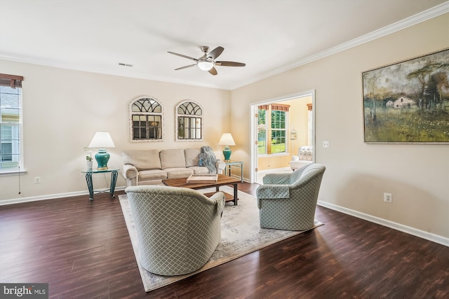 16916 Four Seasons Dr, Dumfries, VA 22025 - living room with a ceiling fan, wood finished floors, crown molding, and plenty of natural light