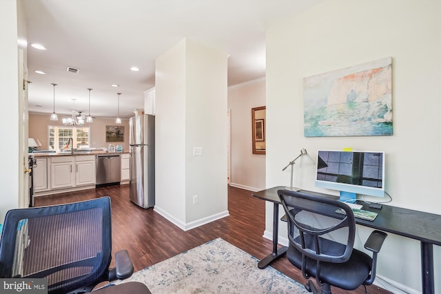 16916 Four Seasons Dr, Dumfries, VA 22025 - office area featuring dark wood-style flooring, recessed lighting, and crown molding