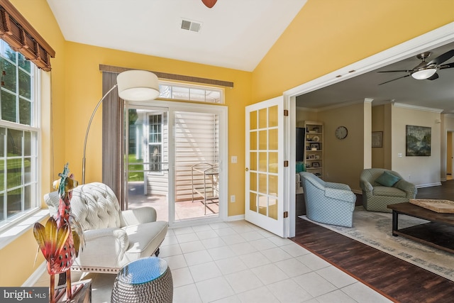 16916 Four Seasons Dr, Dumfries, VA 22025 - entryway featuring ceiling fan, healthy amount of natural light, french doors, tile patterned floors, and vaulted ceiling