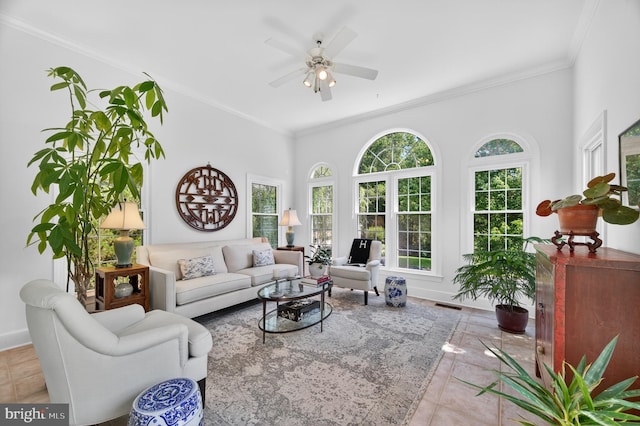 11910 Crayton Ct, Herndon, VA 20170 - tiled living room with plenty of natural light, a ceiling fan, and crown molding