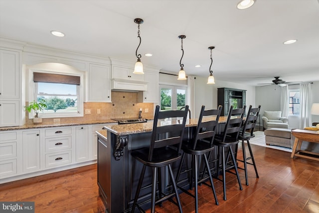 5790 Cedar Glen Dr, Narvon, PA 17555 - kitchen featuring white cabinetry, dark wood-type flooring, tasteful backsplash, a ceiling fan, and recessed lighting
