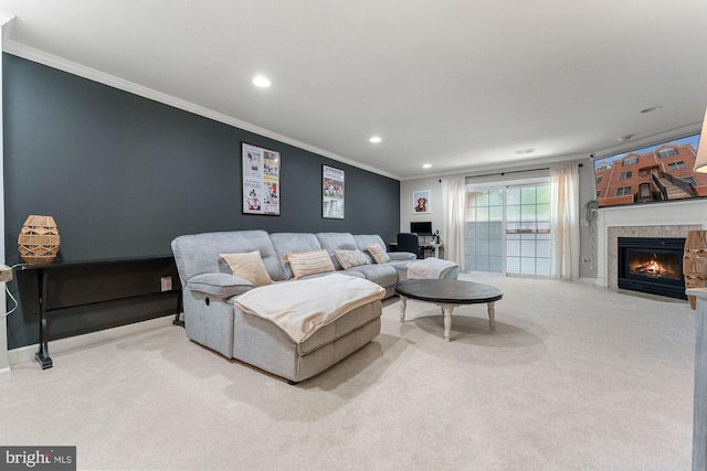6908 Fairfax Dr Unit 202, Arlington, VA 22213 - carpeted living room with ornamental molding, recessed lighting, and a fireplace with flush hearth