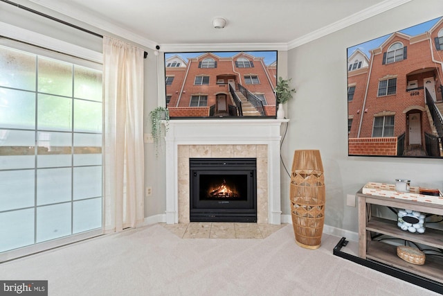 6908 Fairfax Dr Unit 202, Arlington, VA 22213 - carpeted living room featuring ornamental molding and a tiled fireplace
