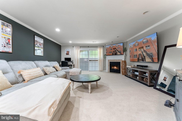 6908 Fairfax Dr Unit 202, Arlington, VA 22213 - carpeted living room featuring ornamental molding, recessed lighting, and a fireplace with flush hearth