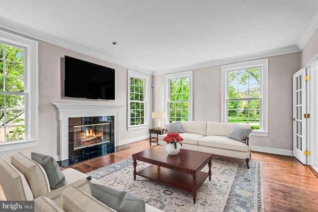 501 Van Lears Run, Villanova, PA 19085 - living room featuring ornamental molding, plenty of natural light, wood finished floors, and a high end fireplace
