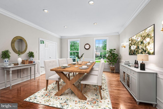 501 Van Lears Run, Villanova, PA 19085 - dining area featuring ornamental molding, light wood-type flooring, recessed lighting, and wainscoting