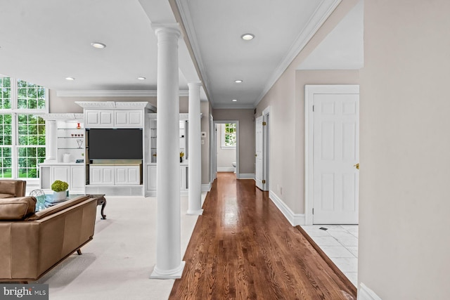 501 Van Lears Run, Villanova, PA 19085 - hall featuring decorative columns, ornamental molding, recessed lighting, and wood finished floors