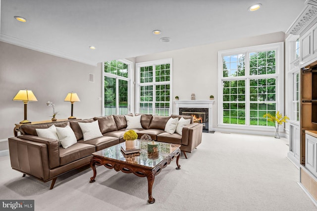 501 Van Lears Run, Villanova, PA 19085 - living area featuring a fireplace, recessed lighting, light colored carpet, and ornamental molding