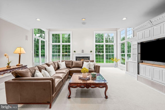 501 Van Lears Run, Villanova, PA 19085 - living room with ornamental molding, recessed lighting, carpet flooring, and a high end fireplace