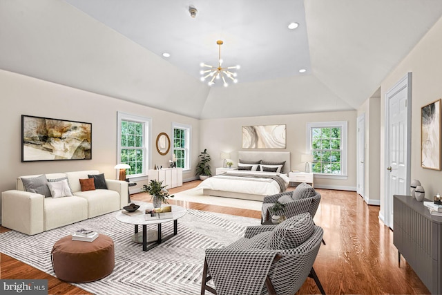 501 Van Lears Run, Villanova, PA 19085 - bedroom with a chandelier, wood finished floors, lofted ceiling, and recessed lighting